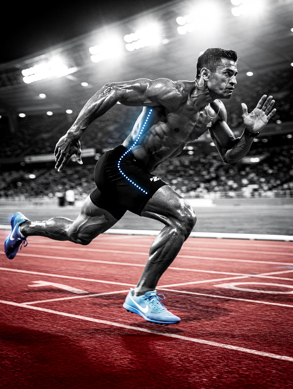 Athlete in mid-sprint with neuro-sensory focus